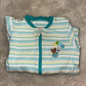 6 M Tuffy, Striped Teal and White Kids One Piece with teddy bear and balloons